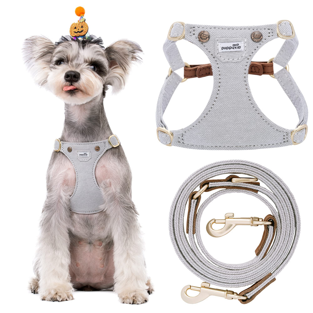 Puppytie small dog harness denim gray with no-pull design for calm walks