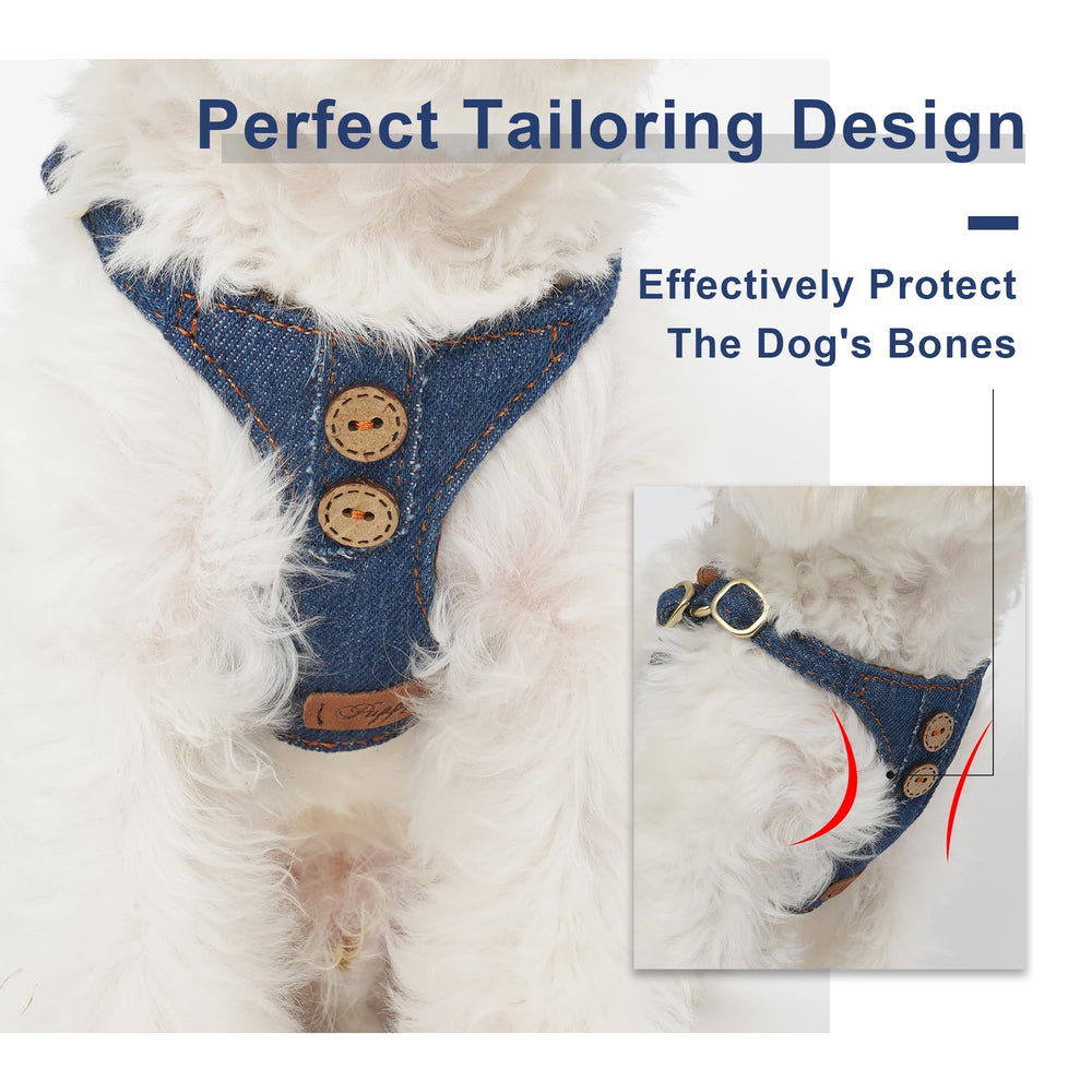 Puppytie soft-material harness in denim blue provides gentle daily wear.