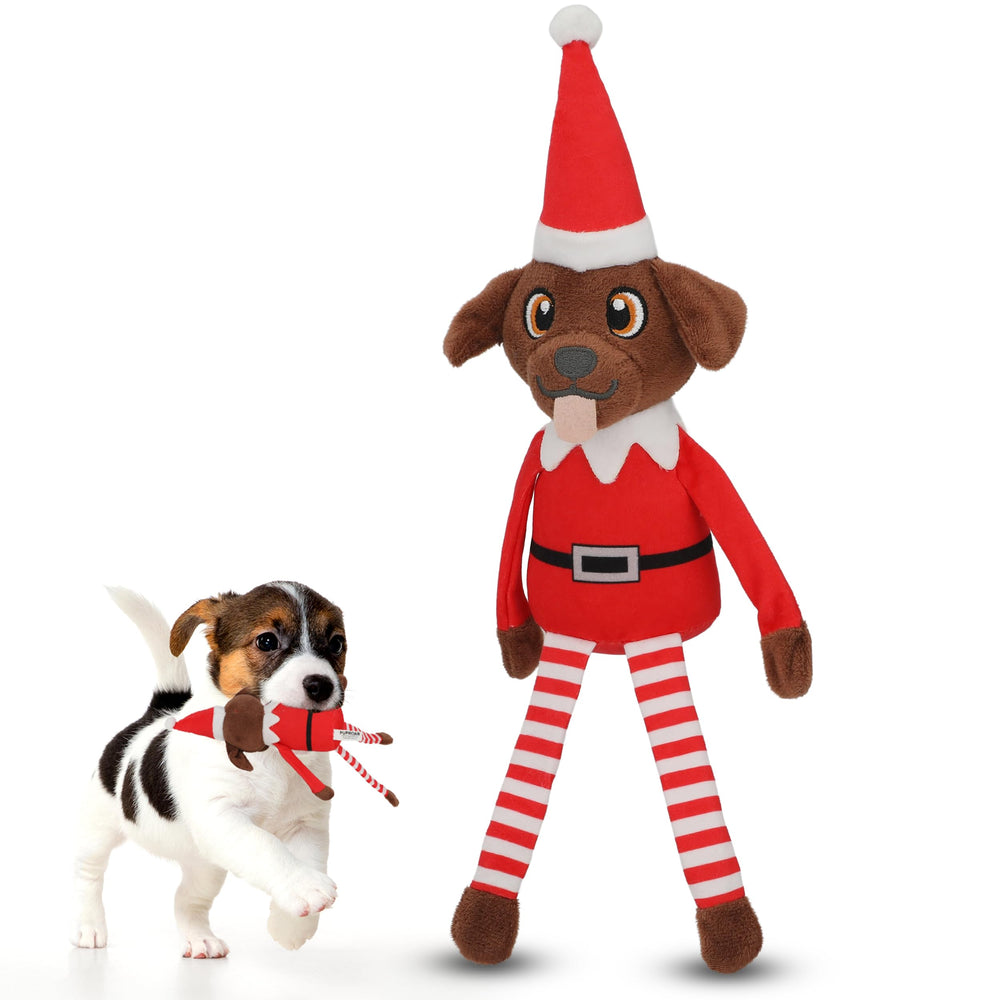 PUPROAR Pooch on a Perch elf toy’s hidden squeaker adds playful interaction.