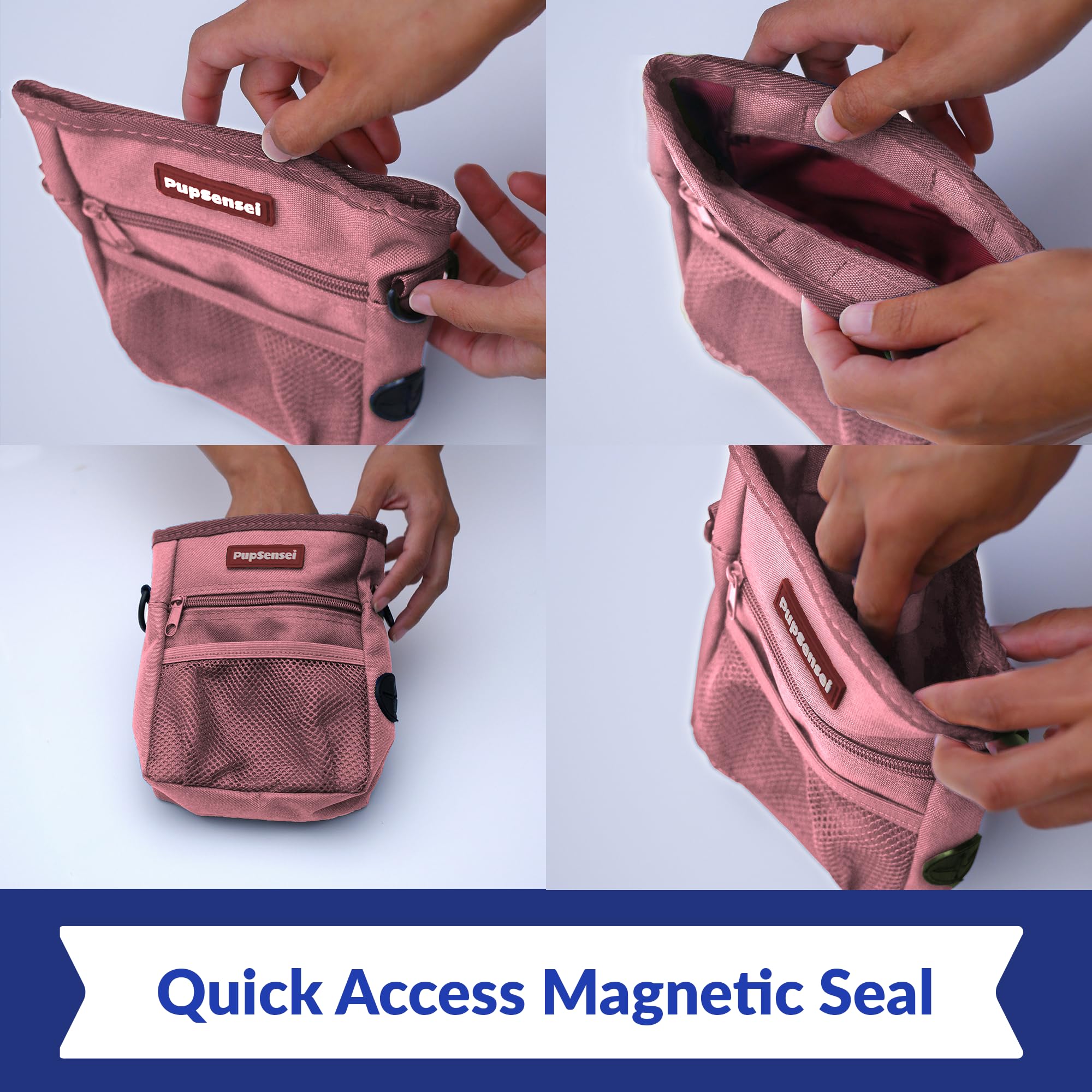 PupSensei adjustable strap and metal clip for belt or bag attachment.