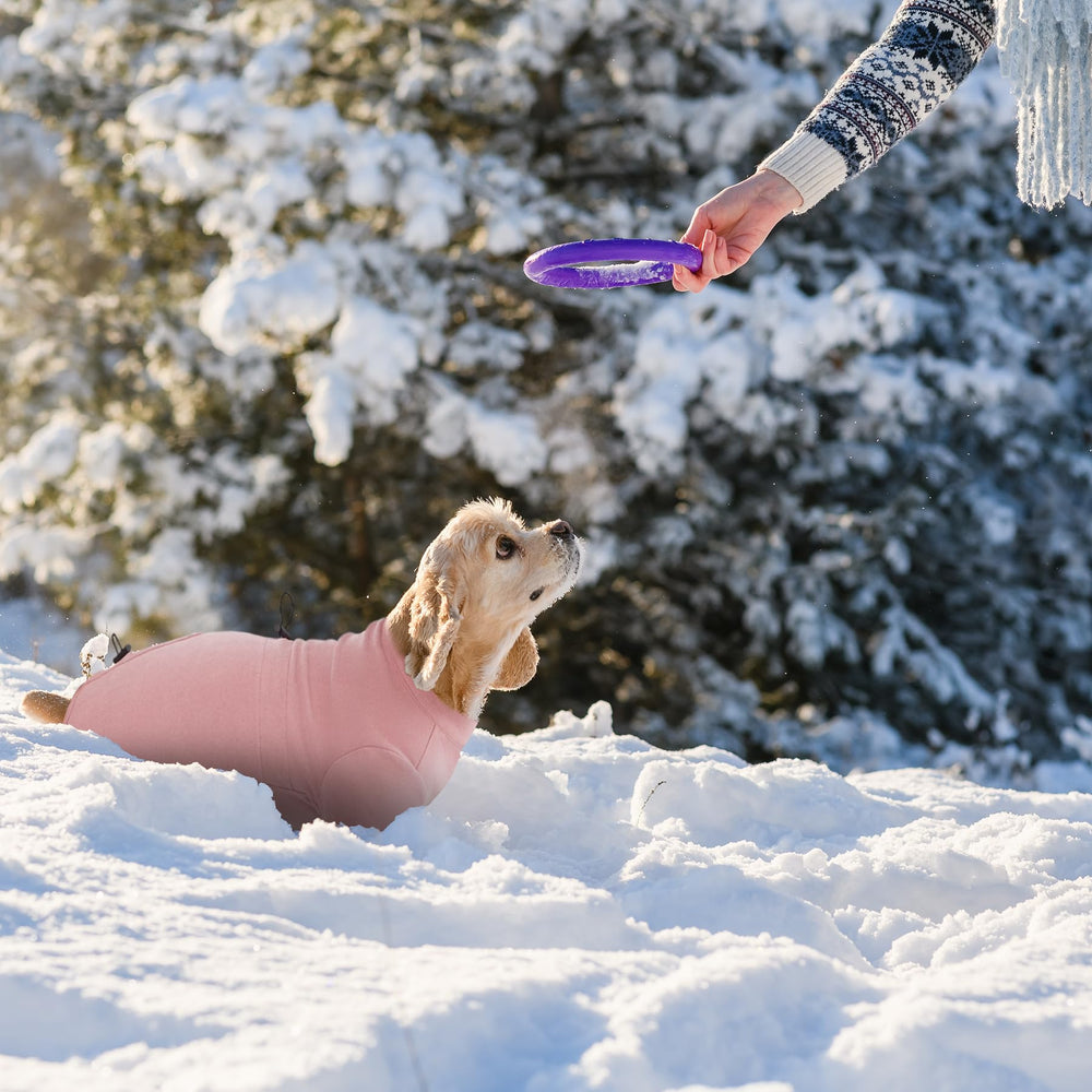 Pupsooft pink dog winter warmer onesie chest buttons for easy wear.