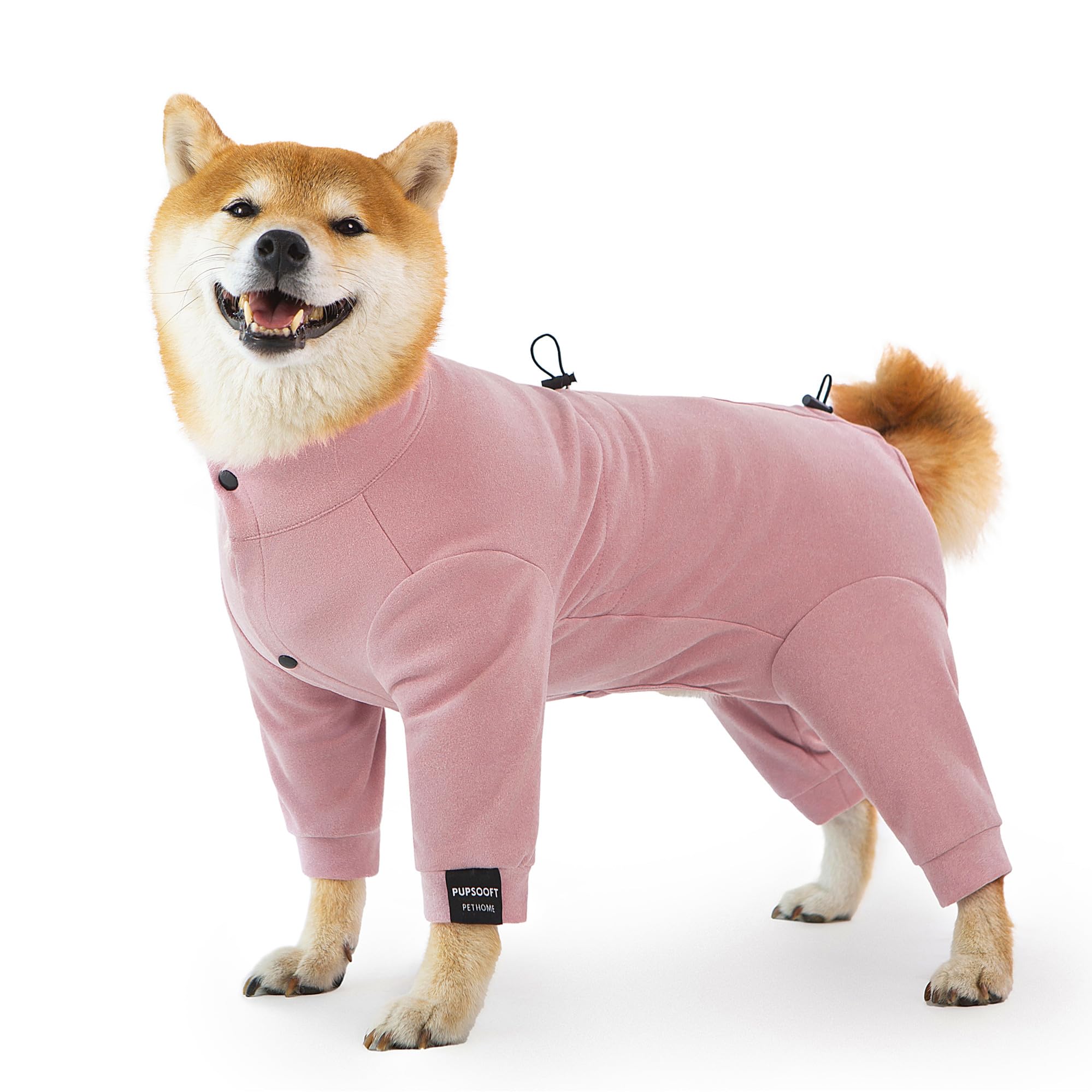 Pupsooft pink dog winter warmer onesie front view provides full-body warmth.