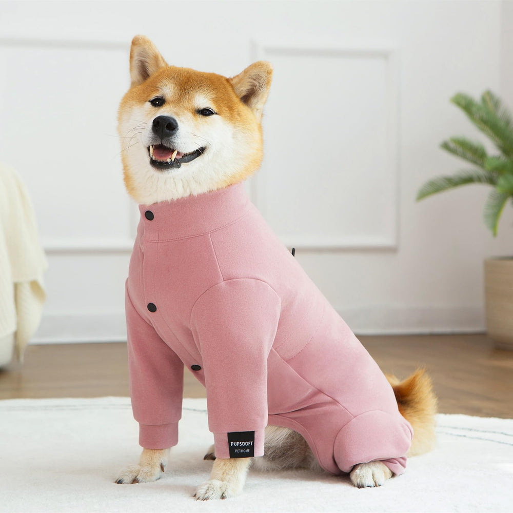 Pupsooft pink dog winter warmer onesie ideal for holidays and parties.