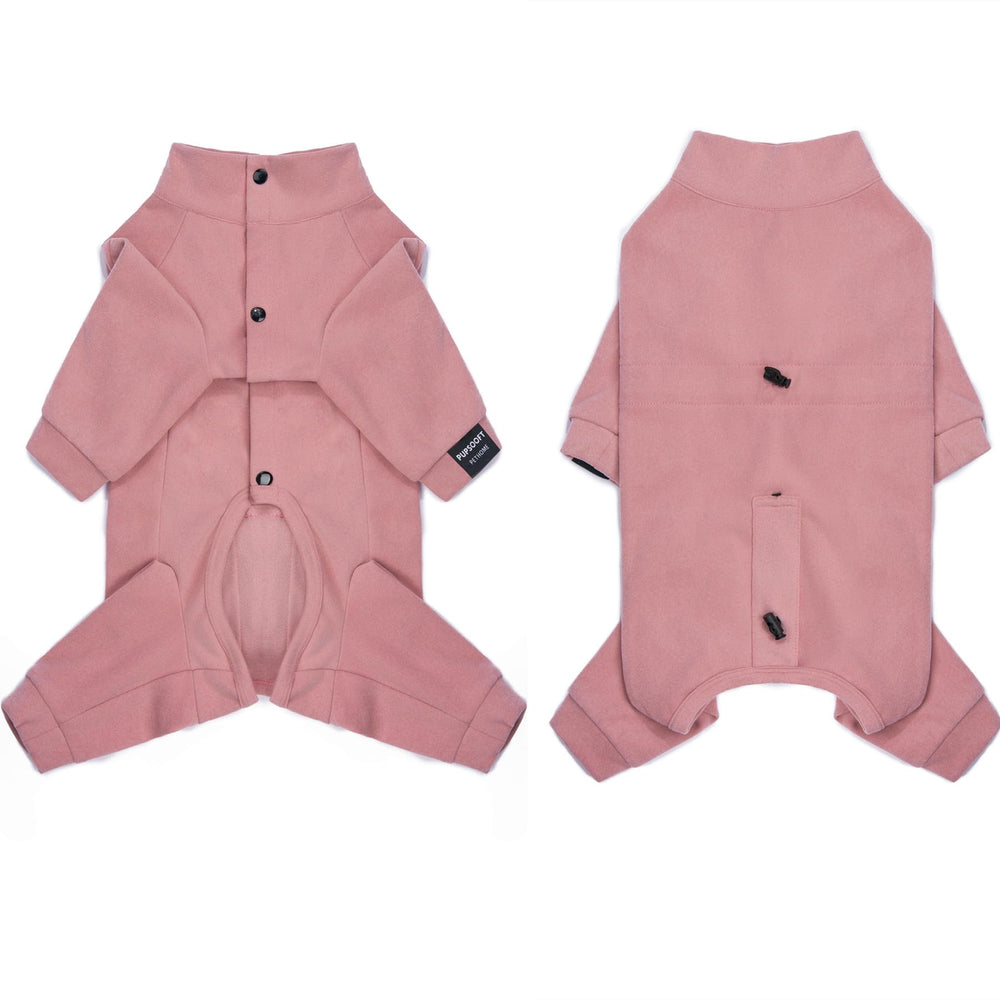 Pupsooft pink dog winter warmer onesie sleeve detail highlights stretch fabric.