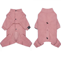 Pupsooft pink dog winter warmer onesie sleeve detail highlights stretch fabric.