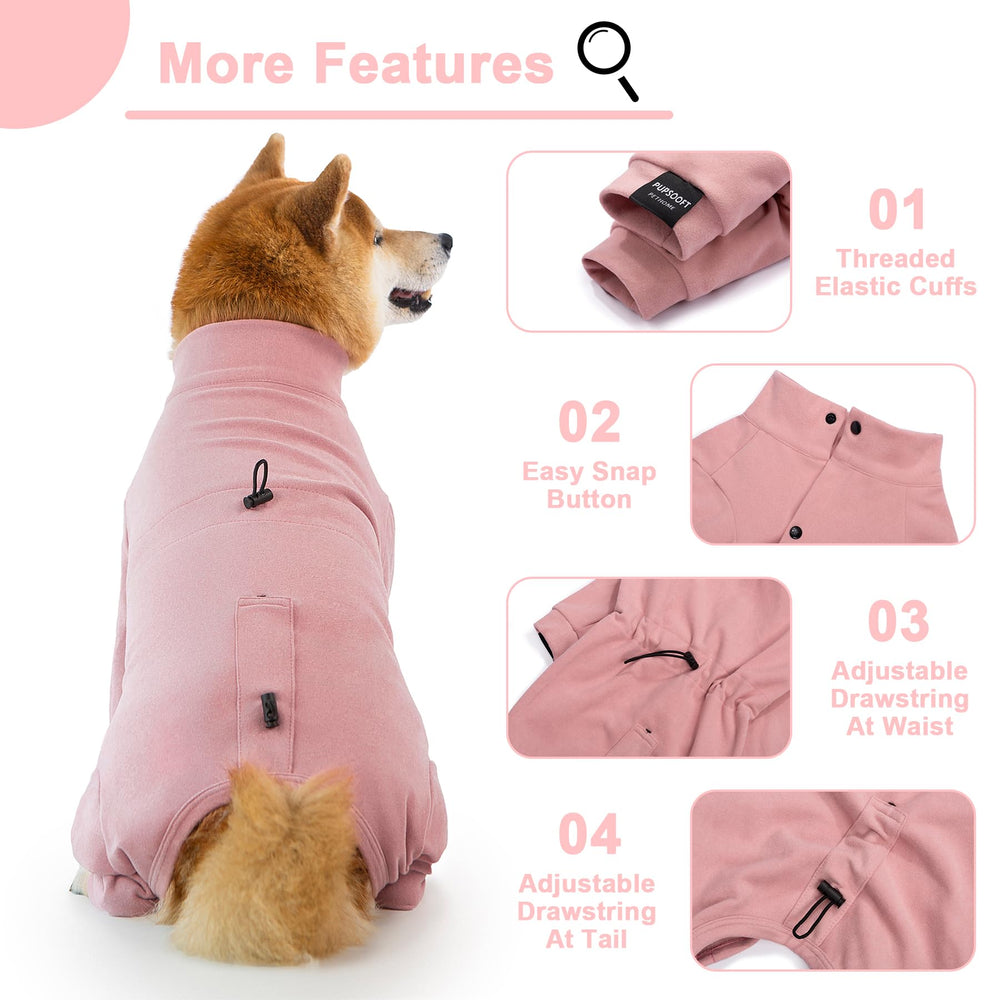 Pupsooft pink dog winter warmer onesie waist and tail cords for a secure fit.