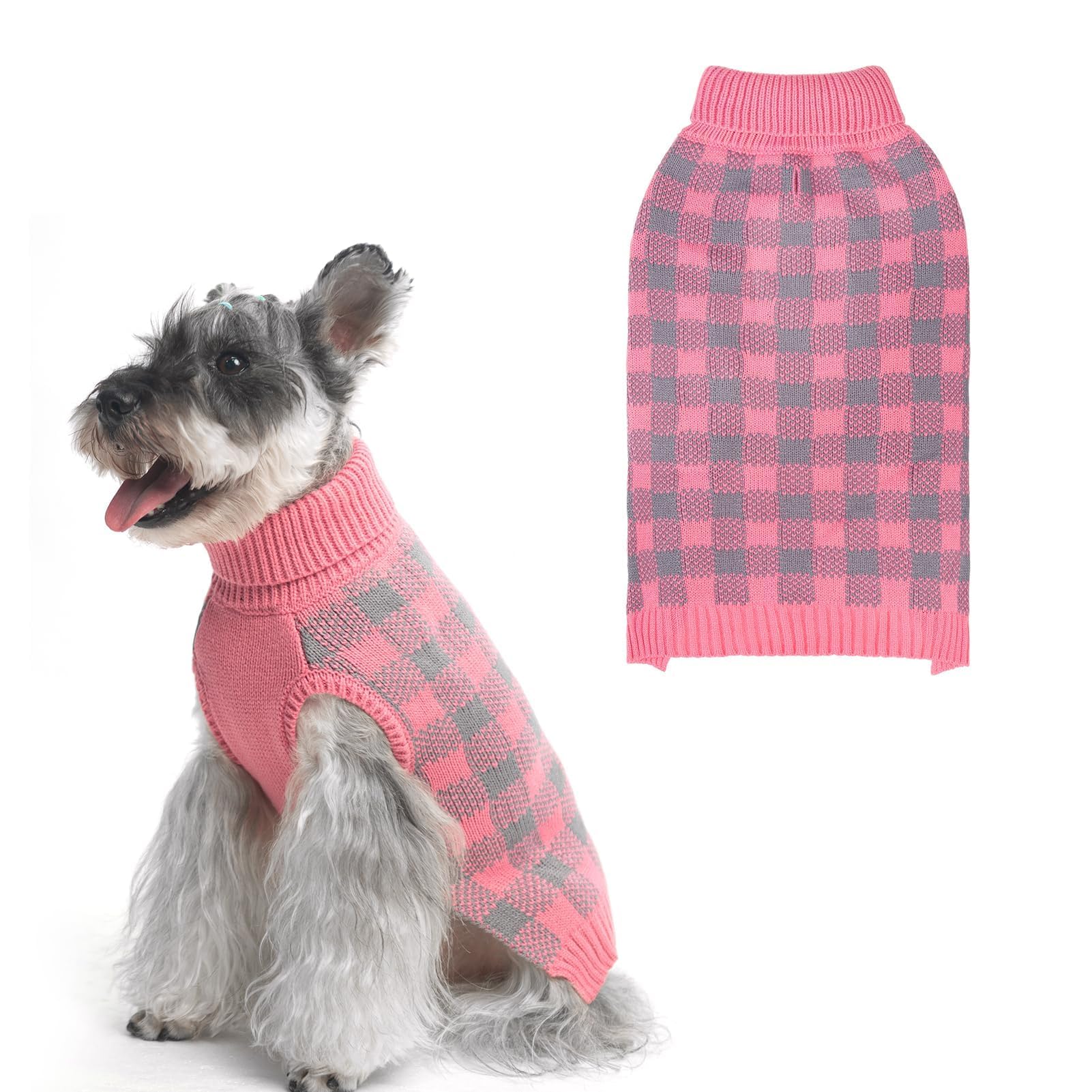 PUPTECK dog sweater plaid front view shows cozy warmth for chilly walks.