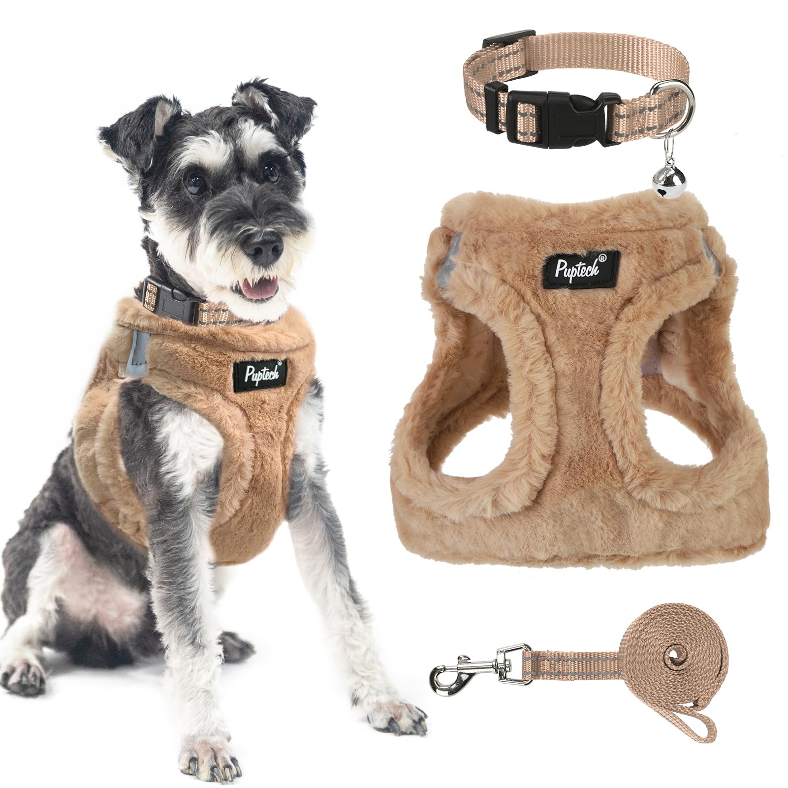 PUPTECK adjustable harness in khaki with plush padding for cozy outdoor walks.