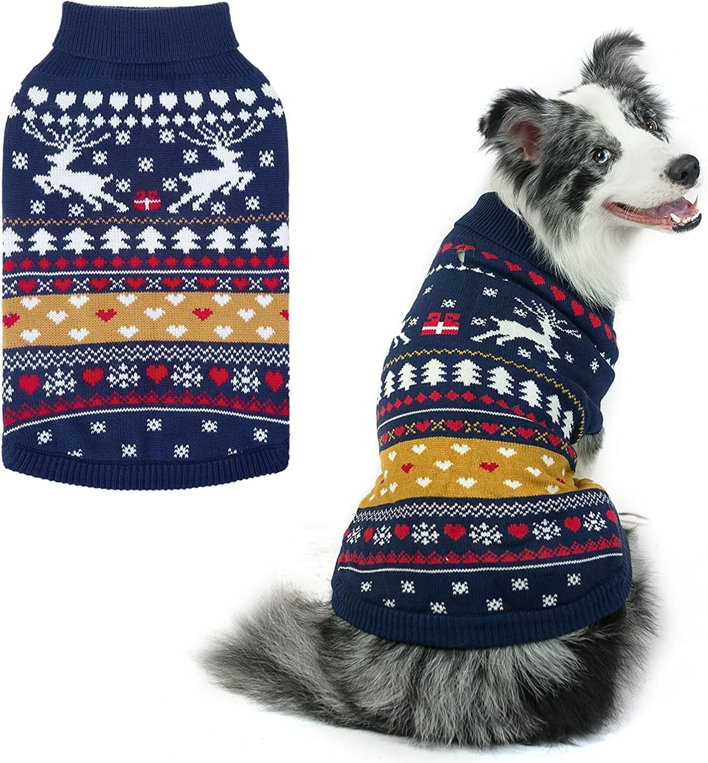PUPTECK Christmas dog sweater with red tree and snowflake design for festive walks.