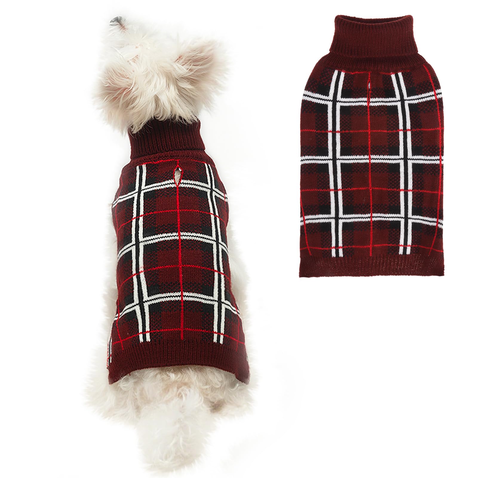 PUPTECK dog Christmas sweater front view highlights classic plaid for festive photos.