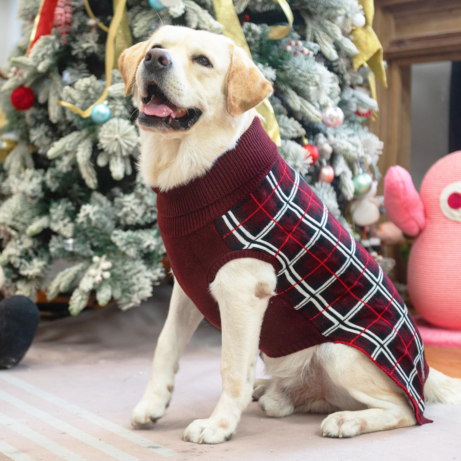 PUPTECK holiday-ready dog wearing plaid sweater for festive moments.