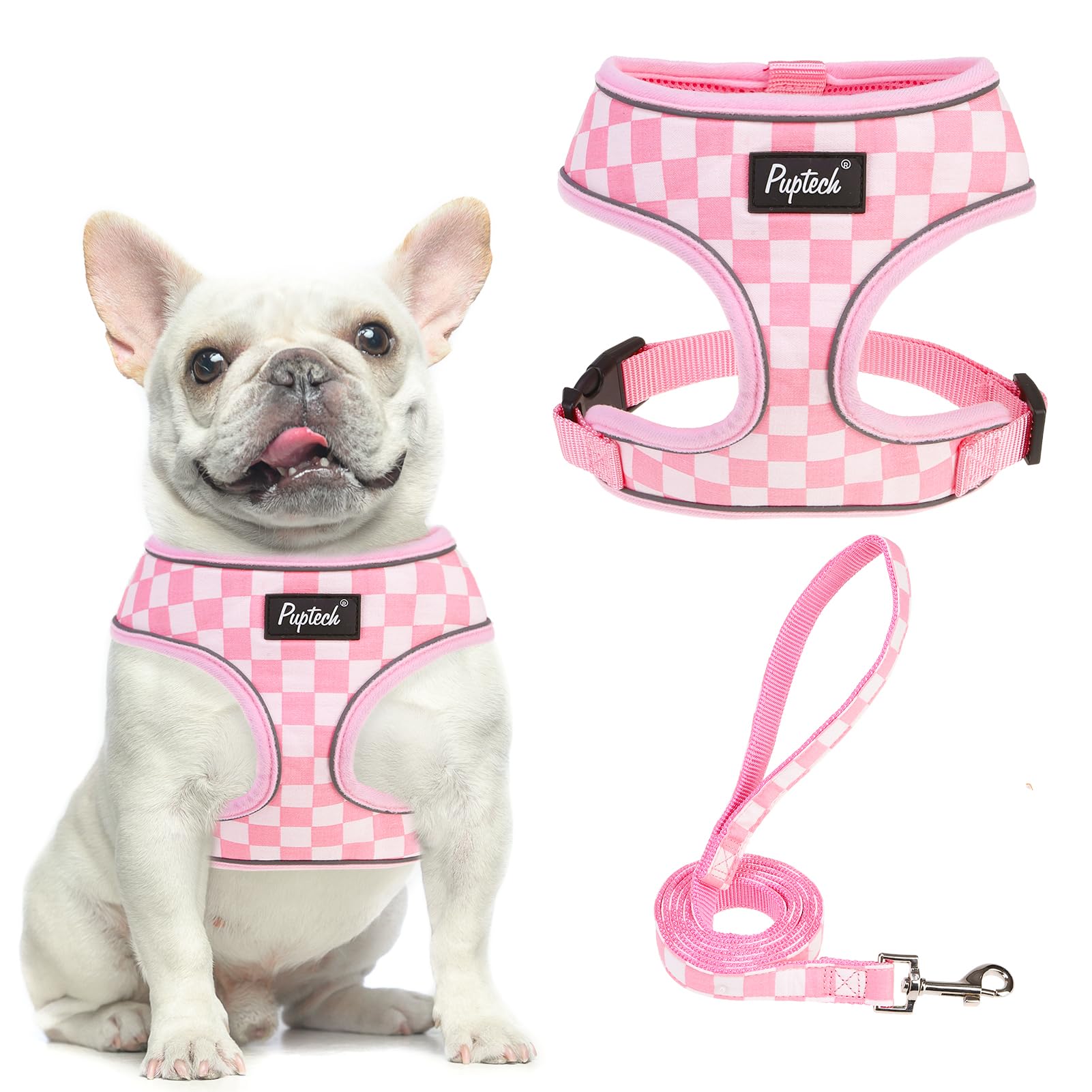 PUPTECK soft mesh harness pink checkered front view highlighting breathable comfort for daily walks