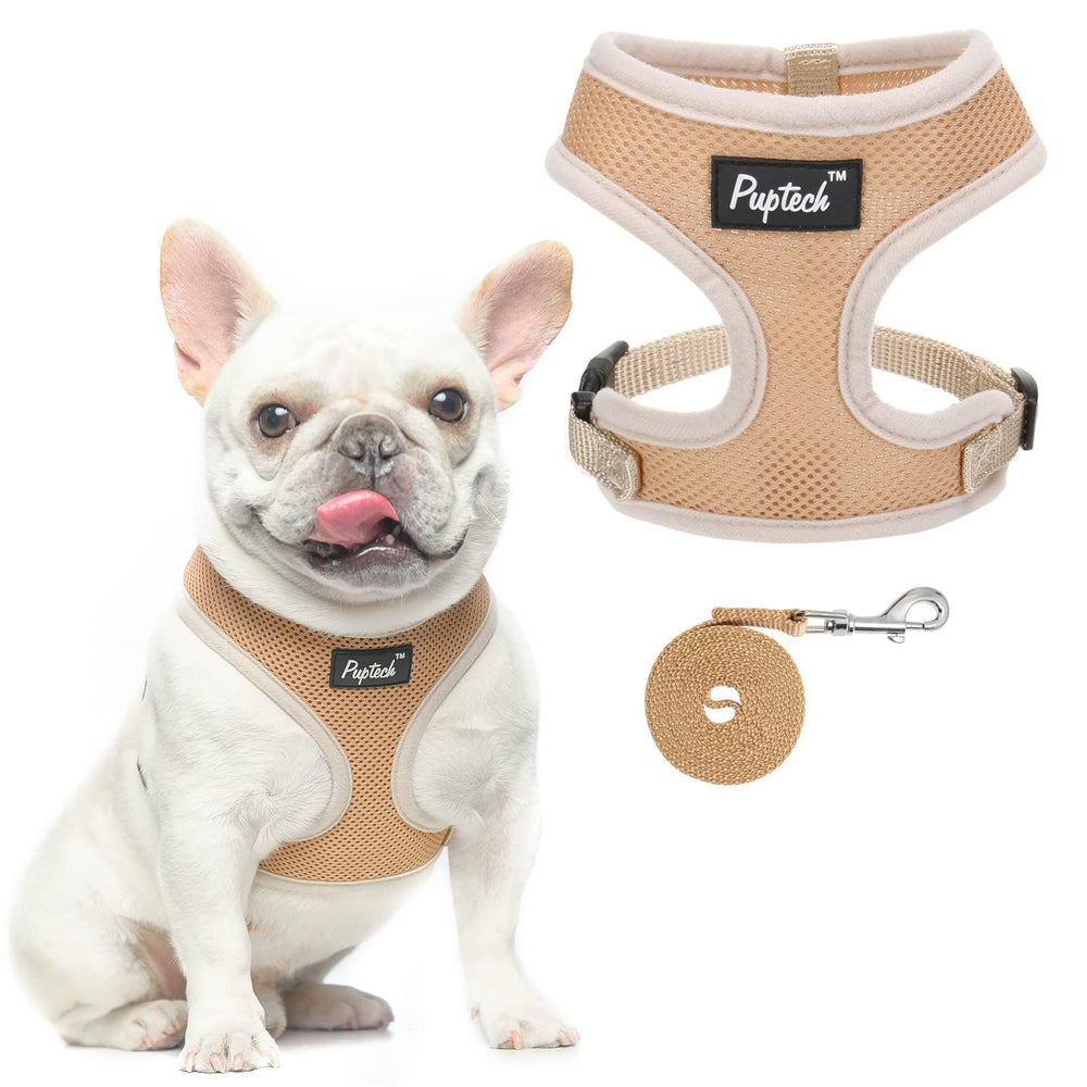 PUPTECK soft mesh harness beige front view highlights breathable comfort during daily walks.