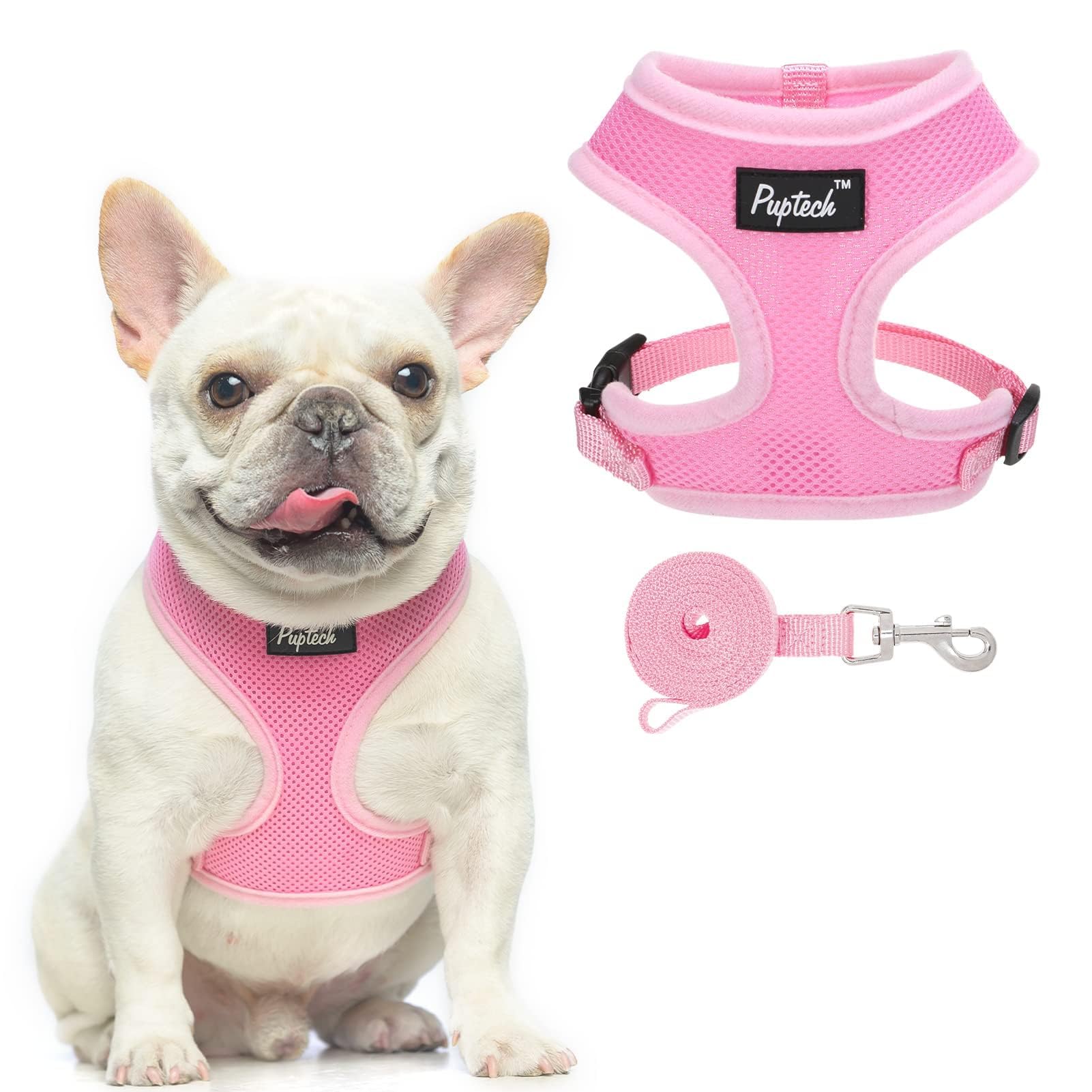 PUPTECK arnés de malla suave rosa visto de frente para paseos cómodos.