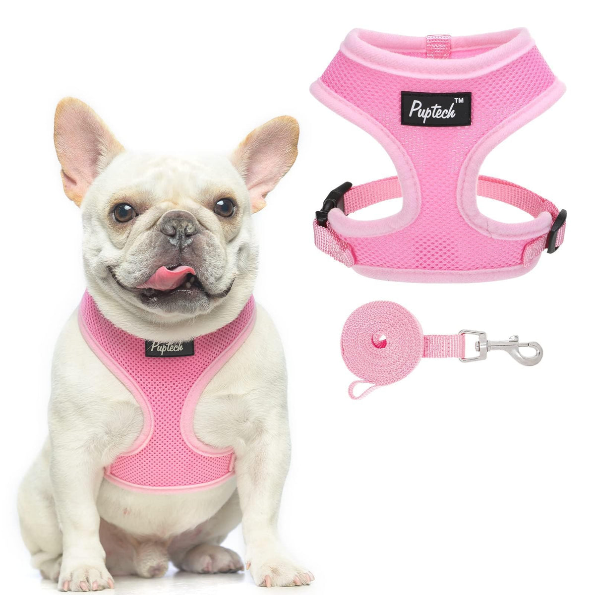 PUPTECK arnés de malla suave rosa visto de frente para paseos cómodos.