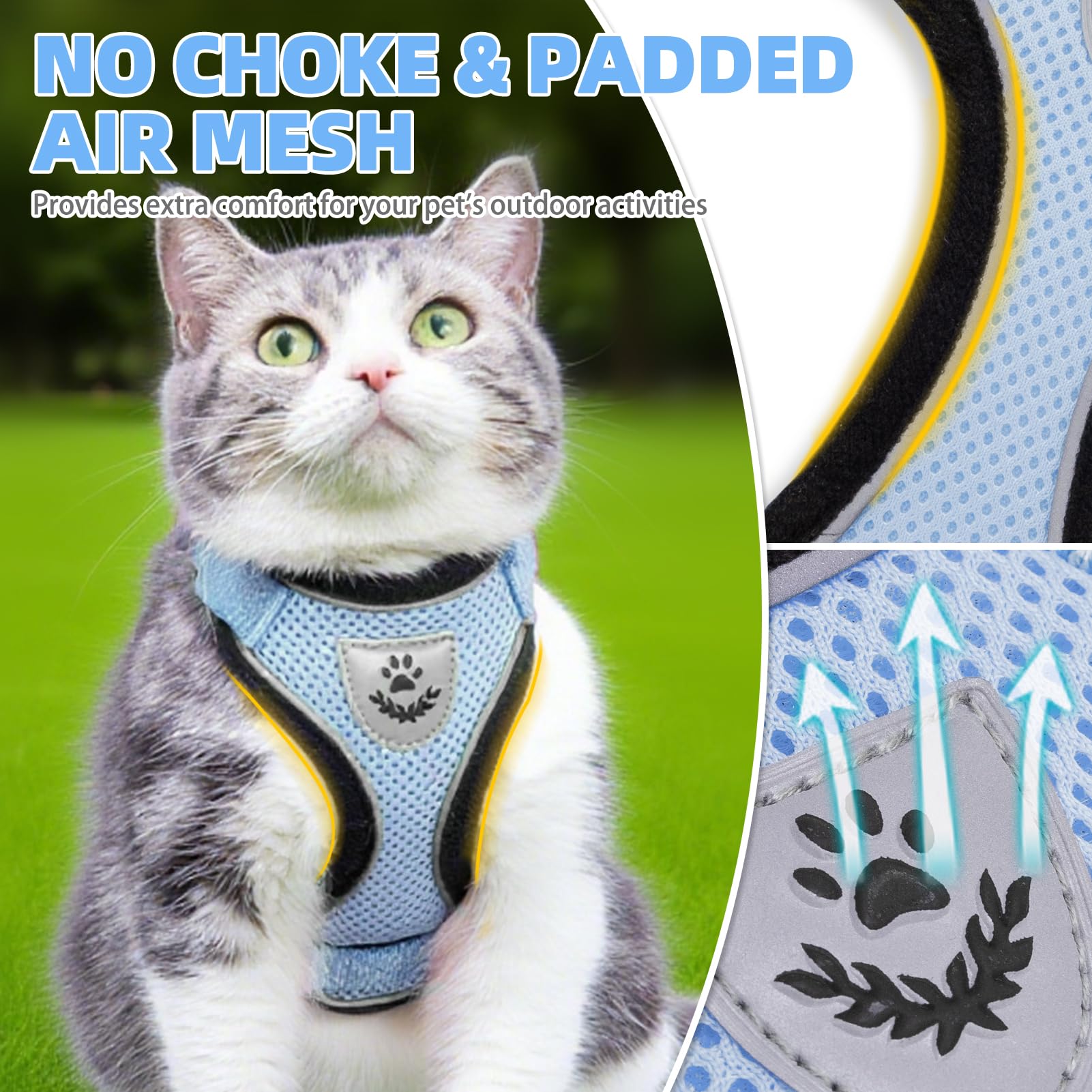 PUPTECK cat harness shows neck and chest size chart for precise fit