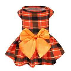 PUPTECK plaid fall dress front view shows breathable fabric and bowtie.
