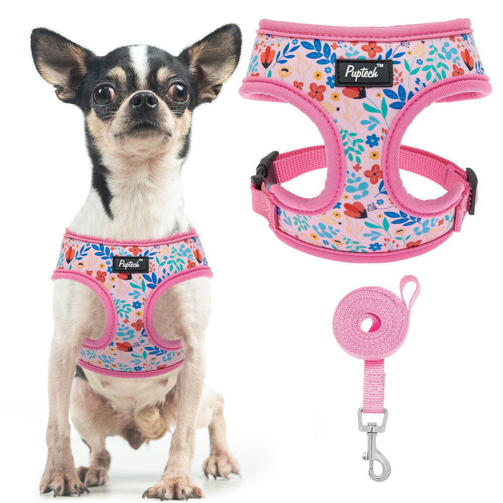 Puptech soft mesh dog harness pink floral front view for comfortable daily walks.