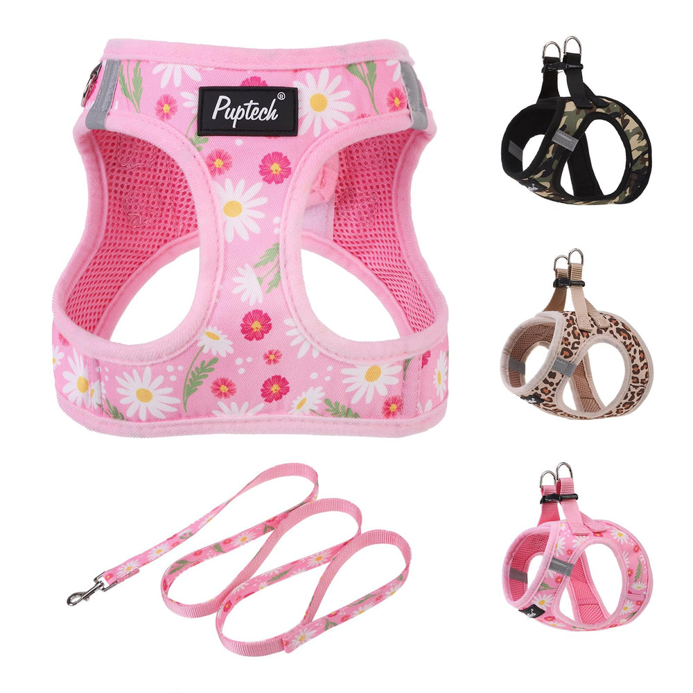 Arnés PUPTECK con diseño de entrada frontal y malla rosa floral, cómodo para paseos diarios.