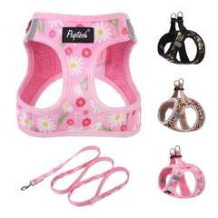 Arnés PUPTECK con diseño de entrada frontal y malla rosa floral, cómodo para paseos diarios.