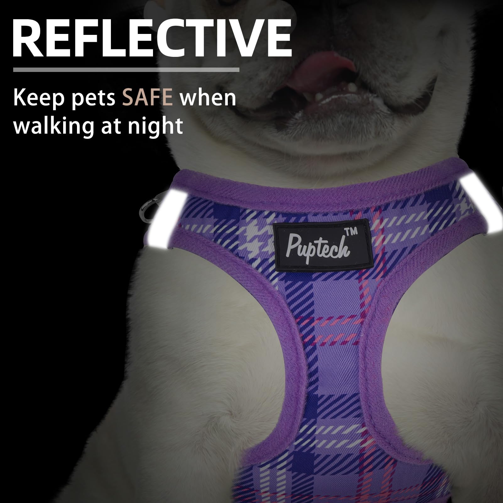 Arnés PUPTECK con tiras reflectantes para mayor visibilidad nocturna.