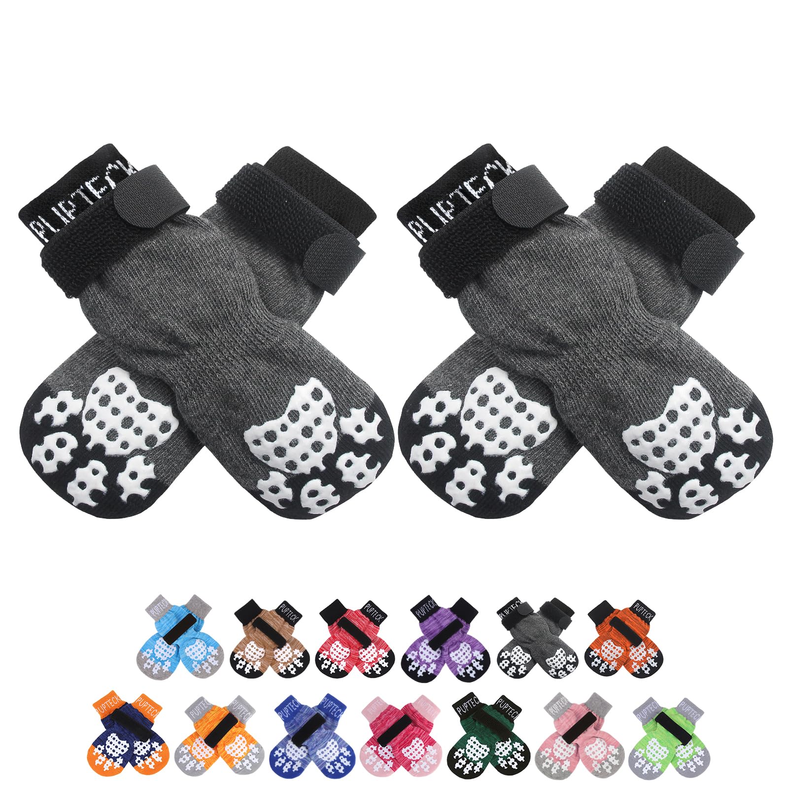 Calcetines antideslizantes PUPTECK para perro con agarre en piso de madera.