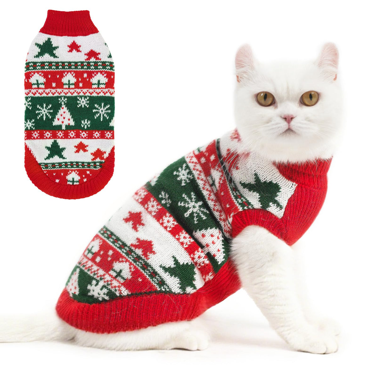 PUPTECK Christmas Cat Sweater front view shows festive knit and cozy warmth for chilly days