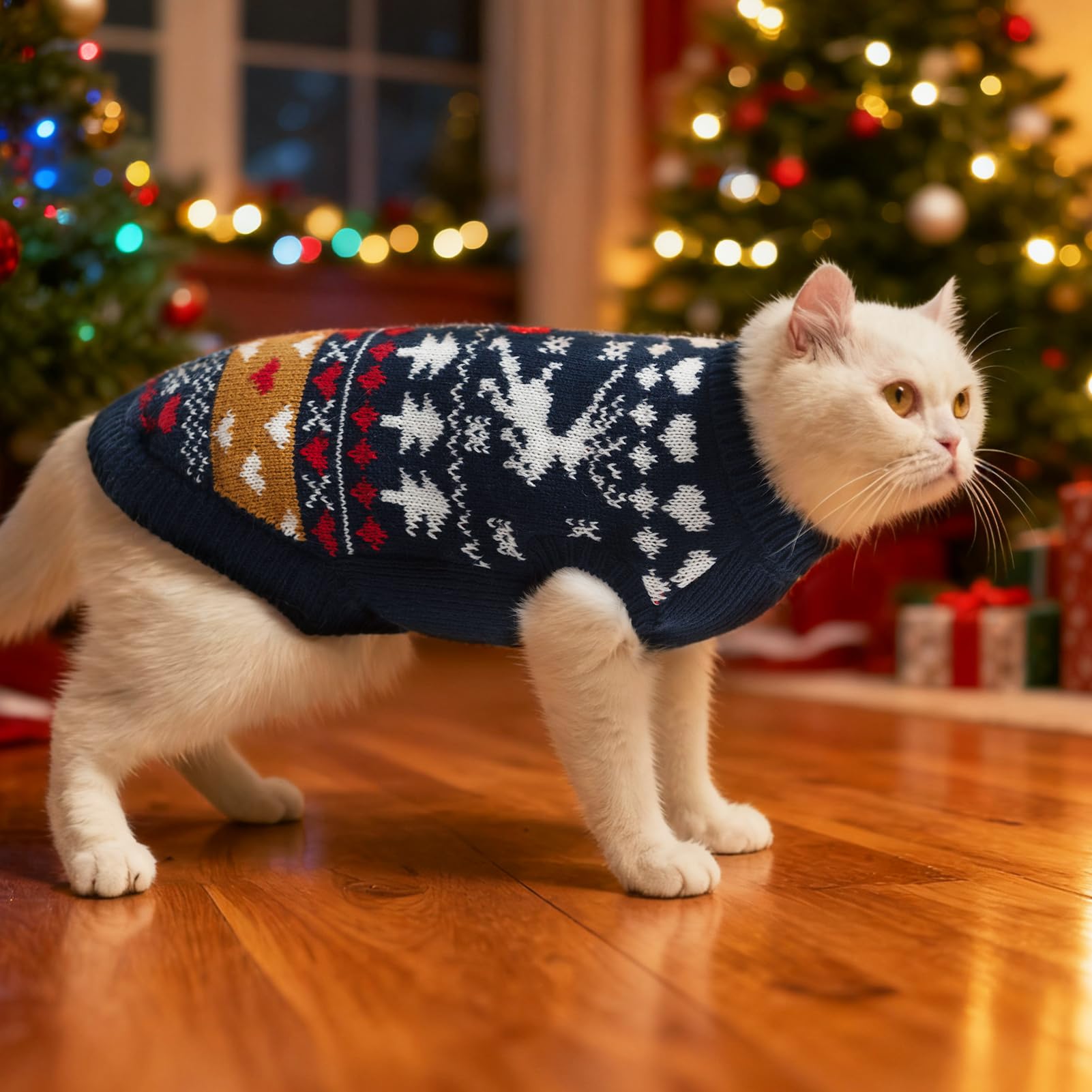 PUPTECK Christmas cat sweater holiday pattern close-up emphasizes cozy style