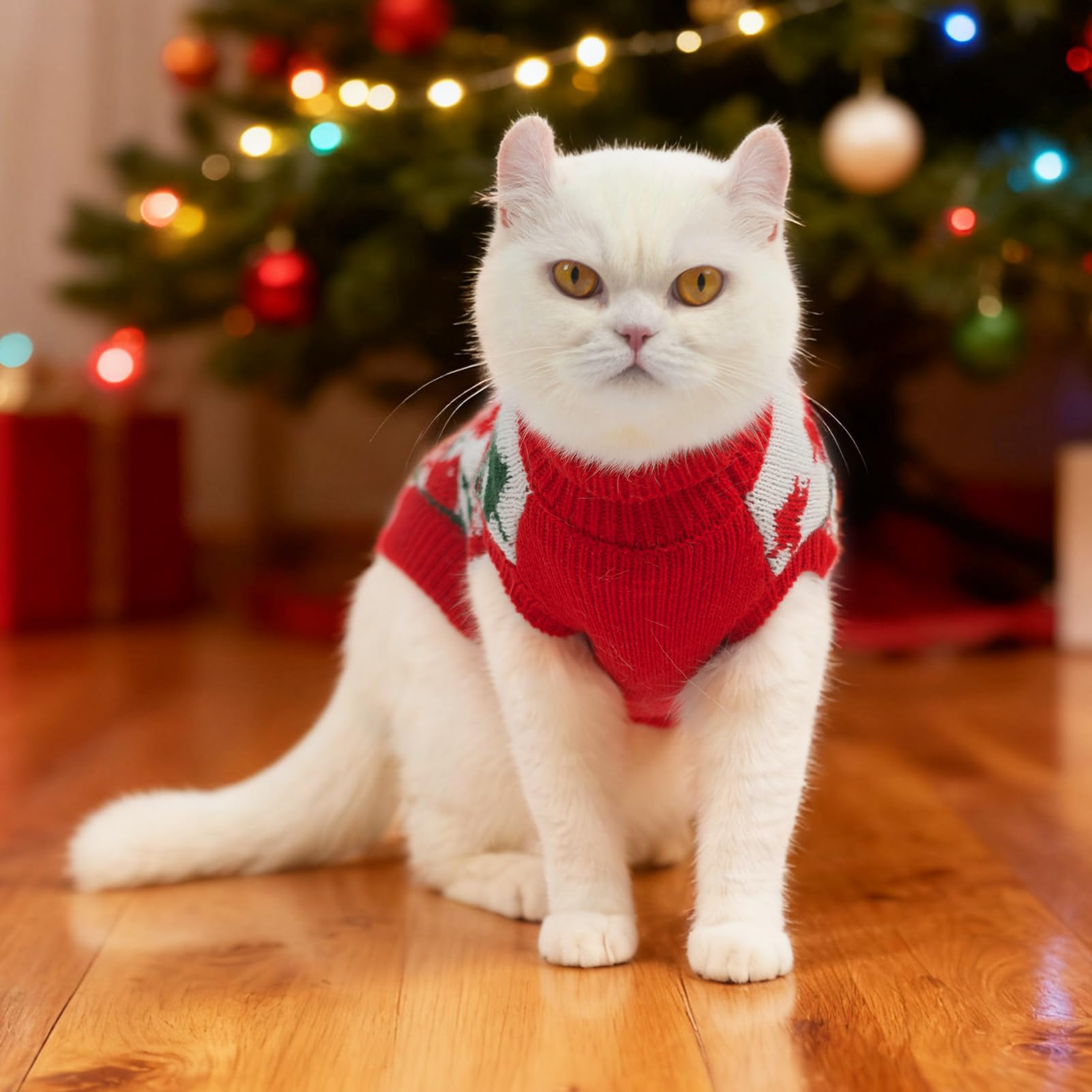 PUPTECK Christmas Cat Sweater model wearing; vivid red-green knit boosts holiday charm