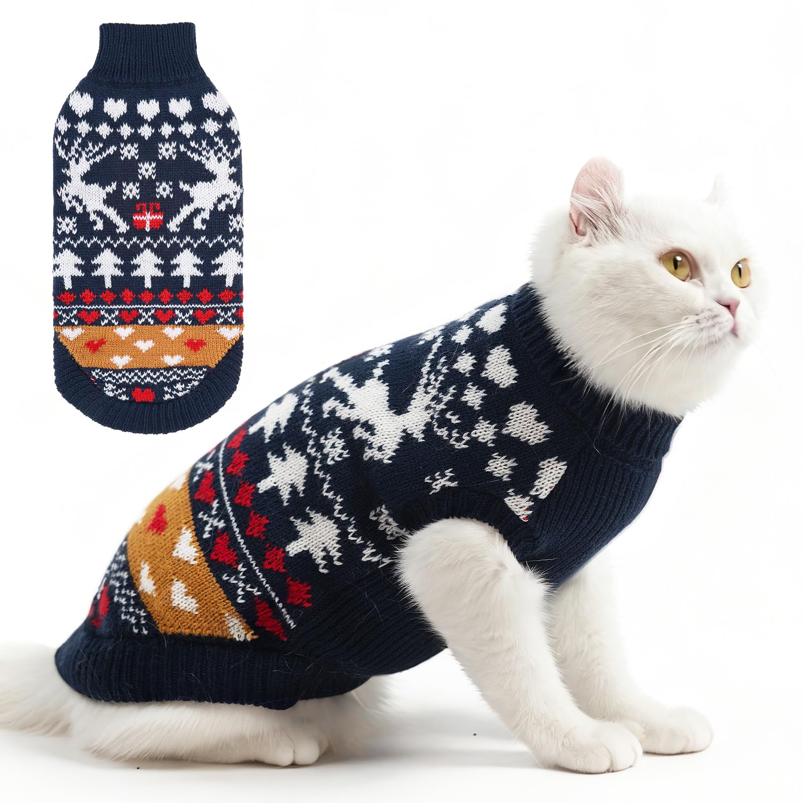 PUPTECK Christmas cat sweater side view shows navy knit for cozy warmth