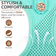 PUPTECK denim-green harness back view highlights reflective strips for night safety.