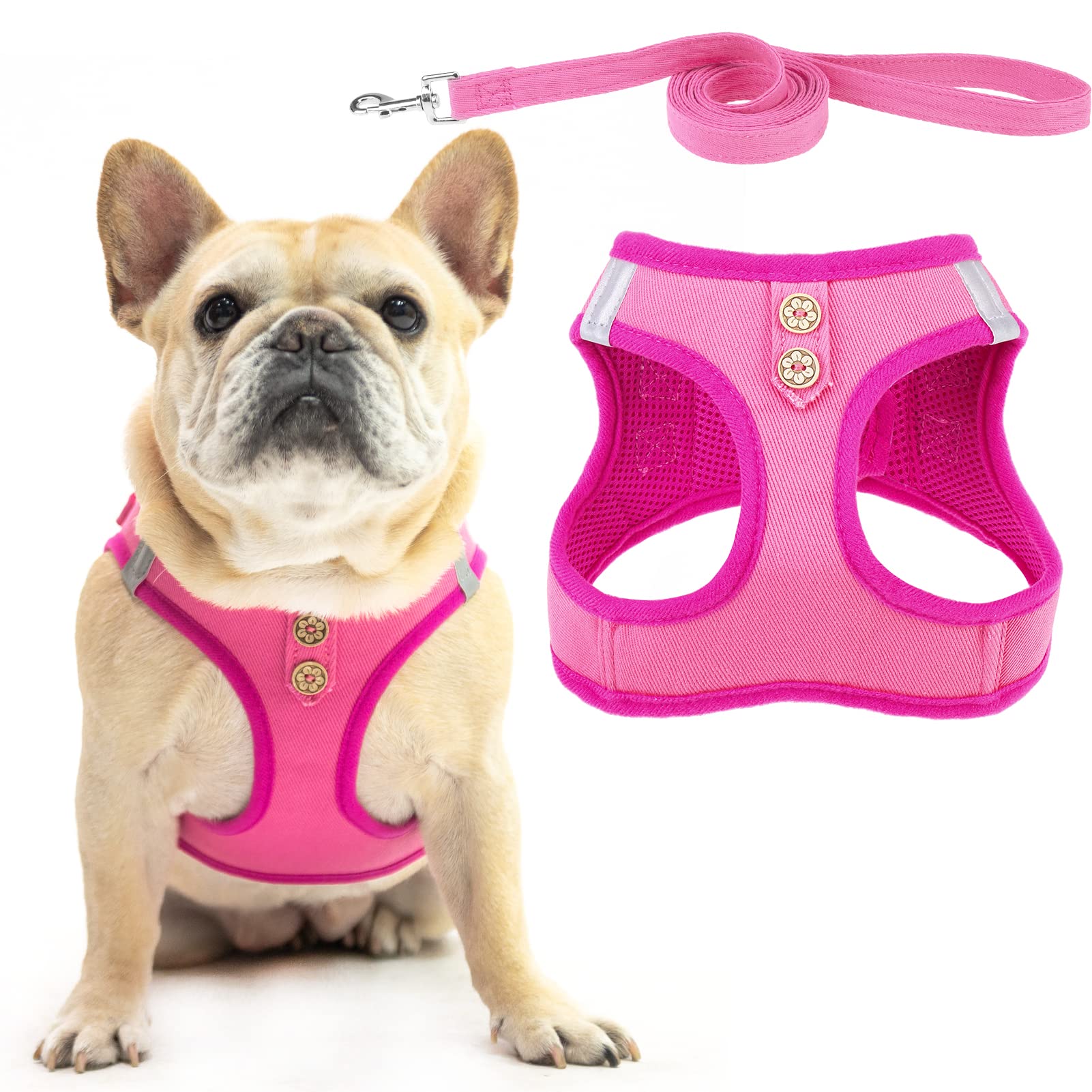 PUPTECK denim pink harness front view shows lightweight comfort for small dogs