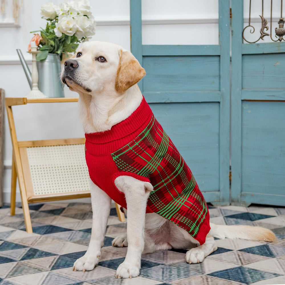 PUPTECK dog Christmas sweater plaid holiday ensemble for festive photos.