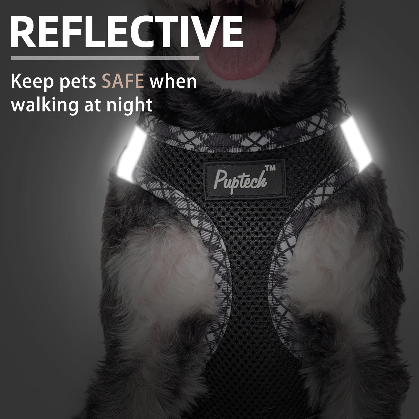 PUPTECK harness features dual D-rings and quick-release buckle for secure control.
