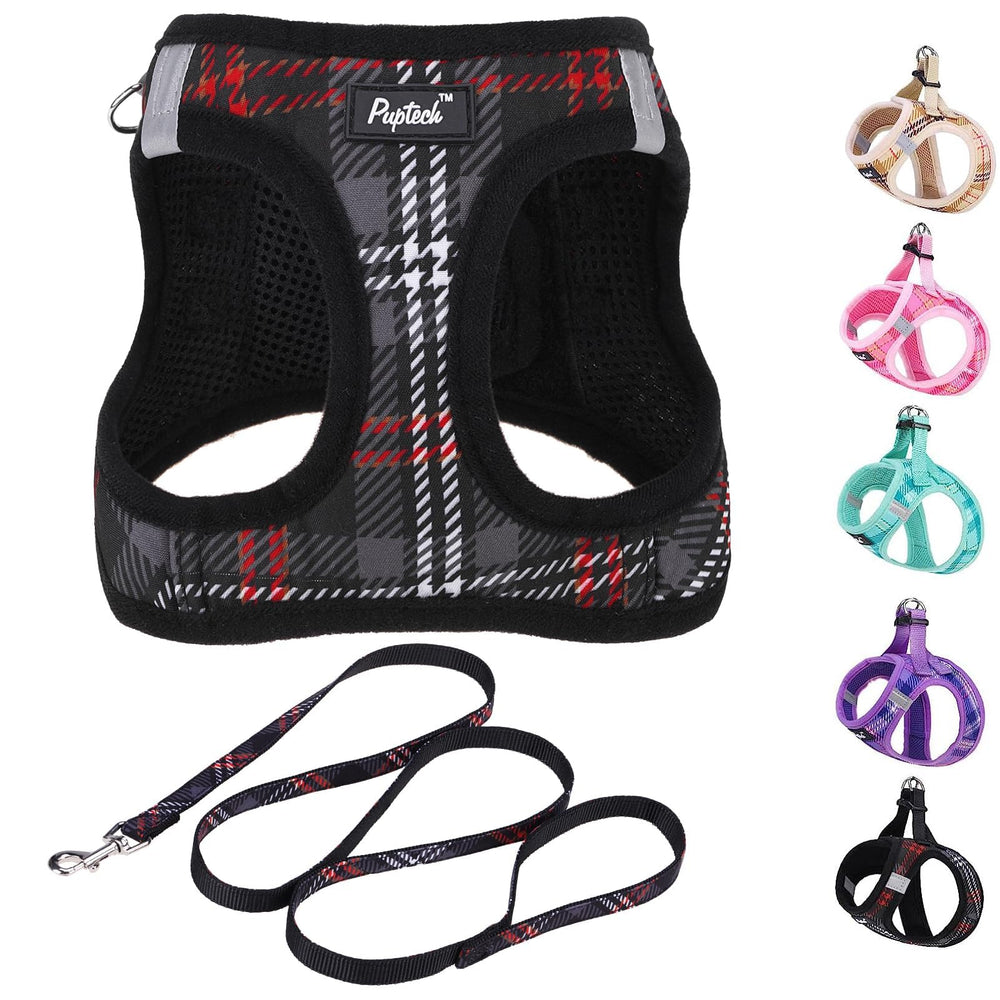 PUPTECK dog harness and leash set in plaid black XS shown on a small dog for outdoor use