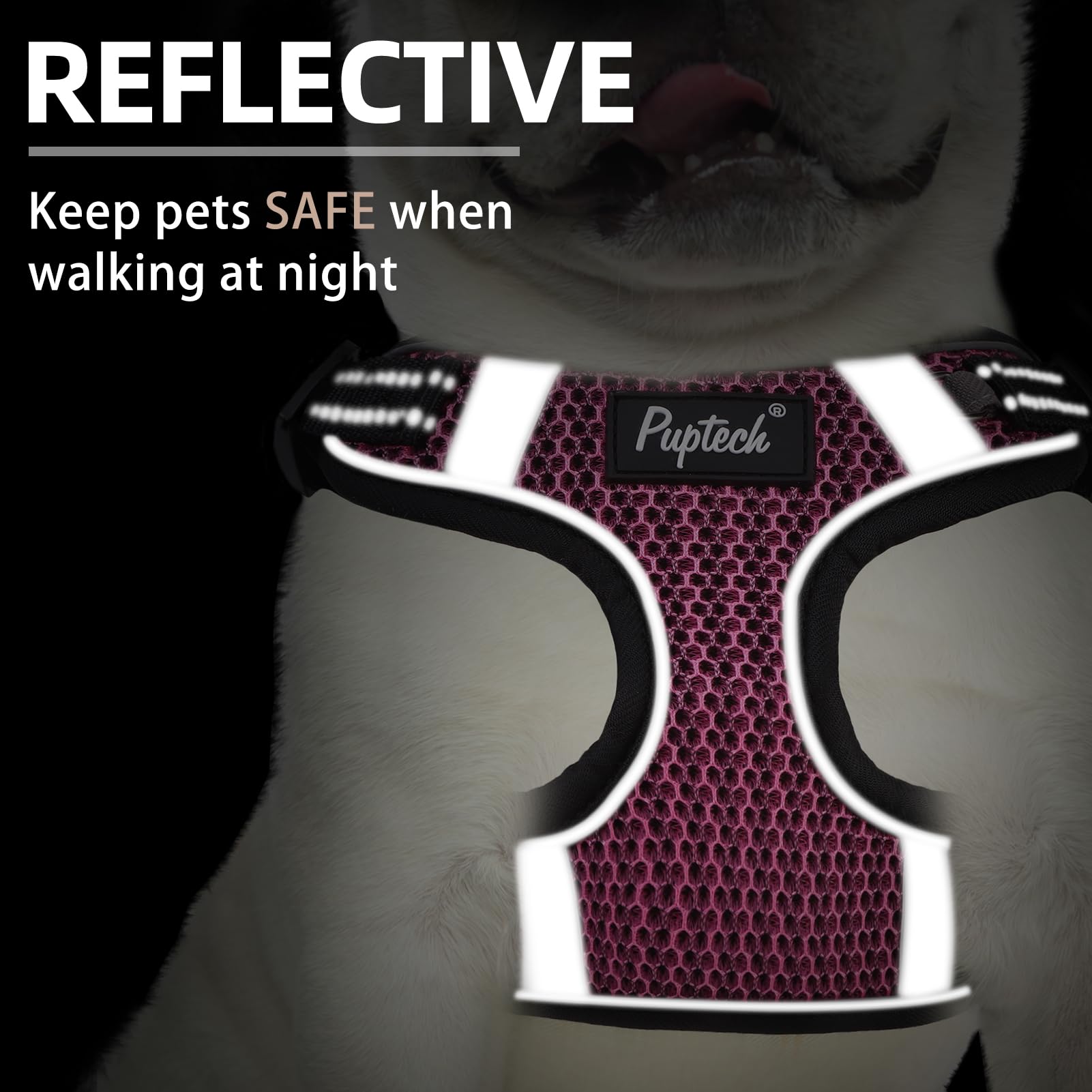 PUPTECK harness distributes stress across chest and shoulders to reduce neck friction.