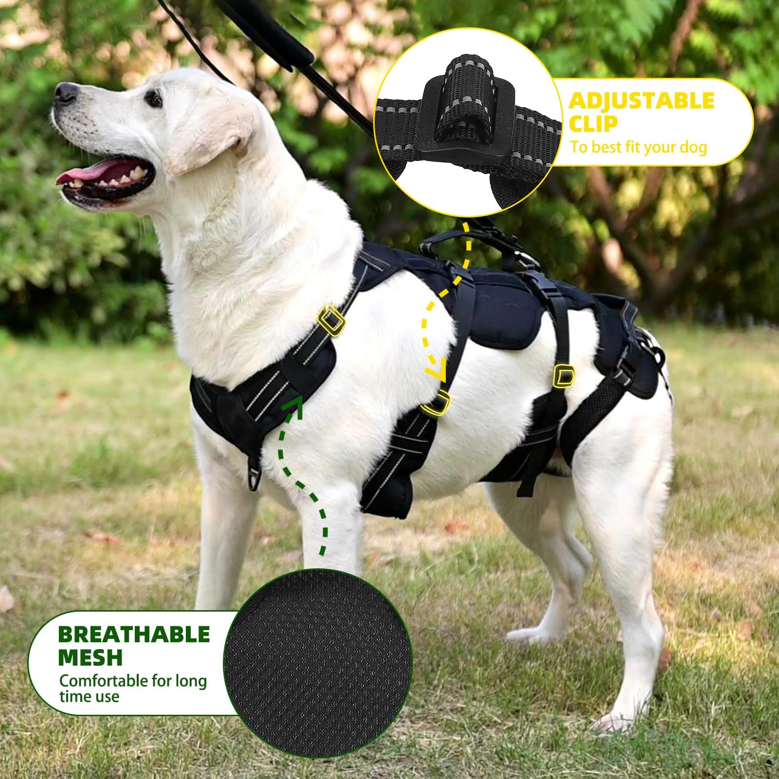 PUPTECK dog lift harness in car scene suggests smoother travel and easier transfers.