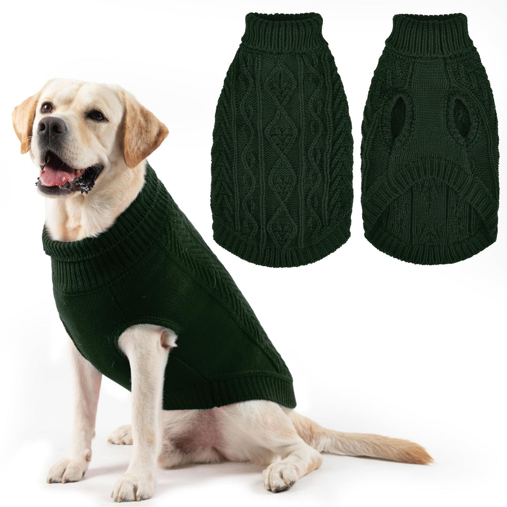 PUPTECK deep green dog sweater front view showing cozy knit warmth
