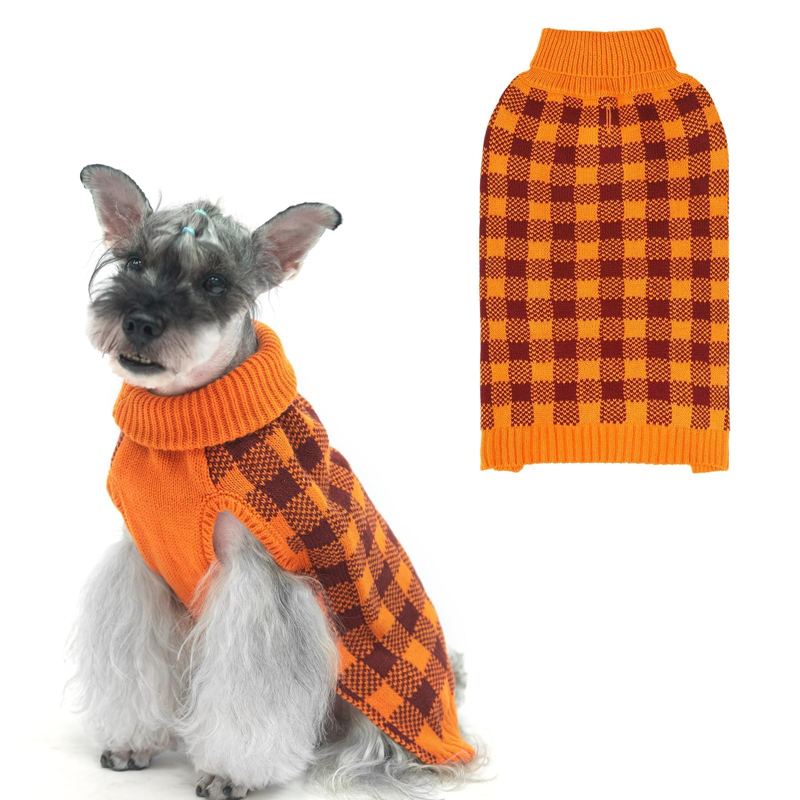 PUPTECK plaid dog sweater back view highlights warm knit for chilly walks.