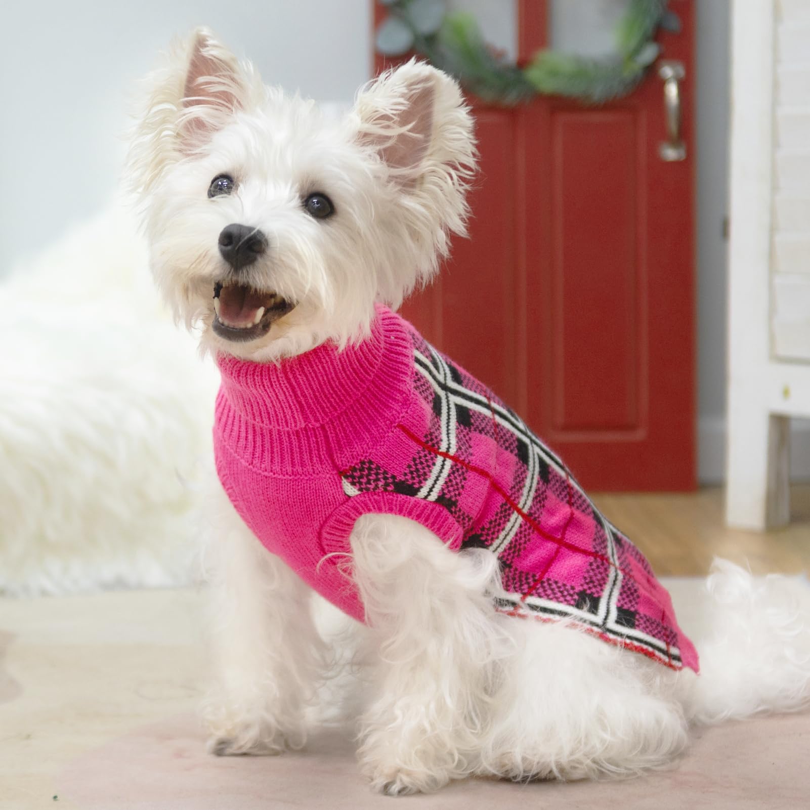 PUPTECK dog sweater plaid fuchsia belly-cut for comfortable movement and potty breaks