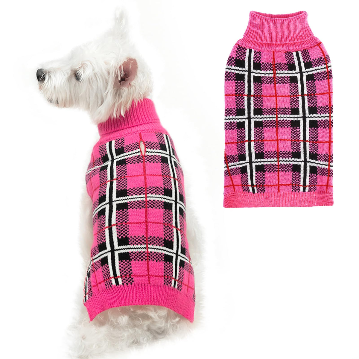 PUPTECK dog sweater plaid fuchsia front view keeps your pup cozy on cold walks