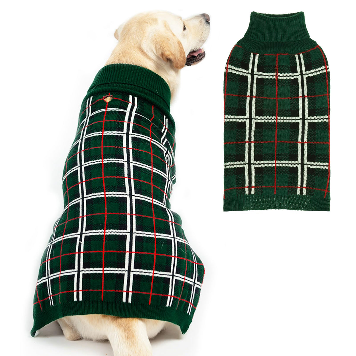 PUPTECK plaid green dog sweater front view for warmth during winter walks