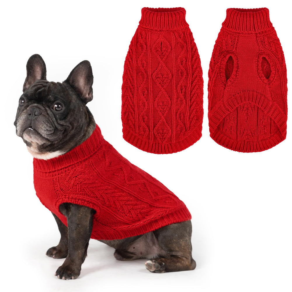 PUPTECK dog sweater red turtleneck front view for warm winter walks.