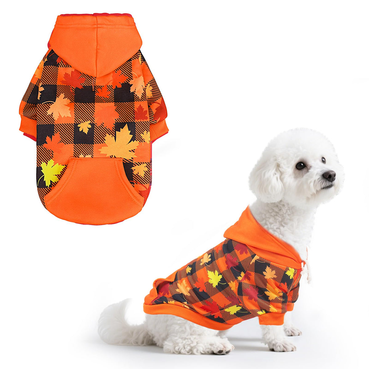 PUPTECK fall winter dog hoodie front view shows warm fleece for chilly walks.