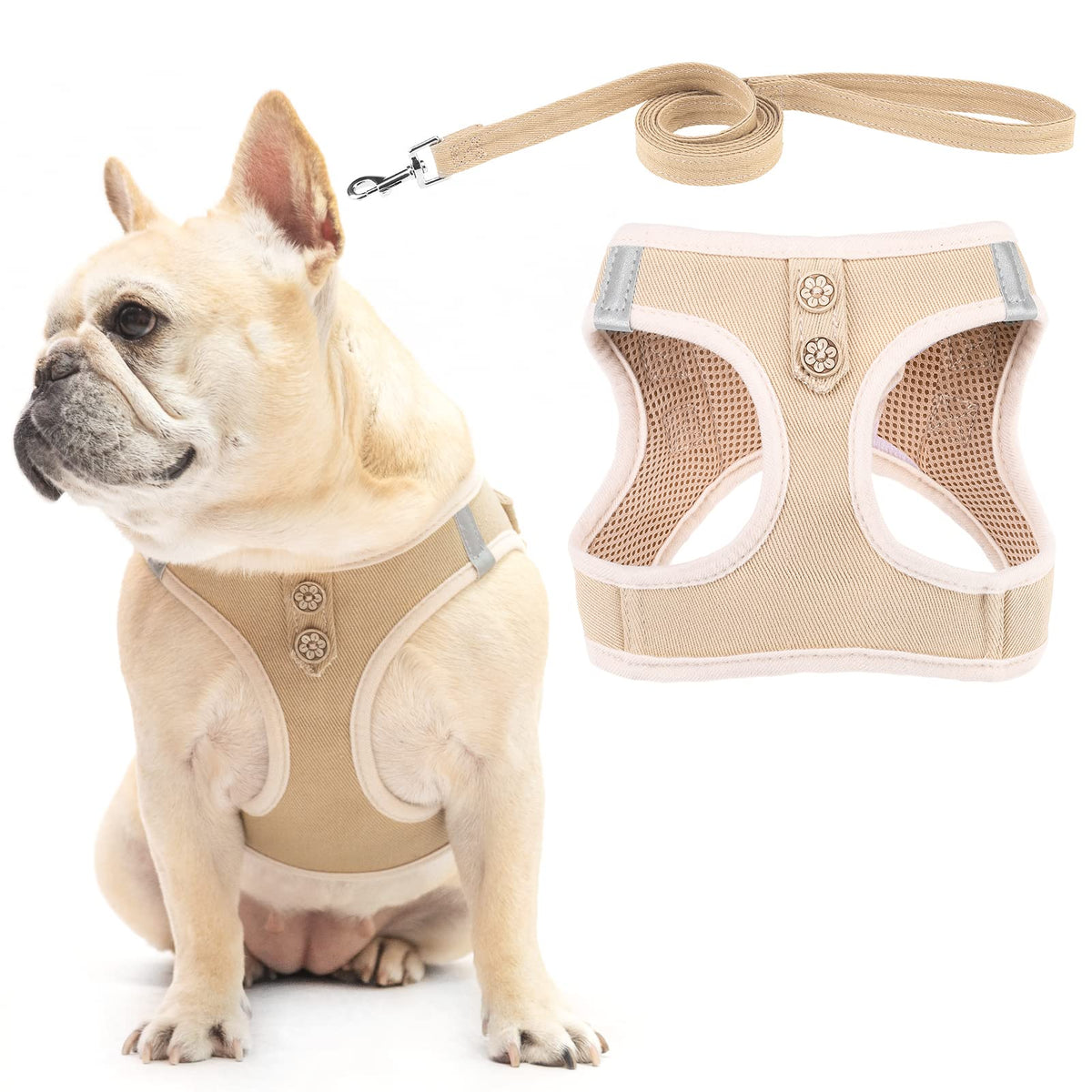 PUPTECK denim harness front view highlighting style and lightweight comfort for pets.