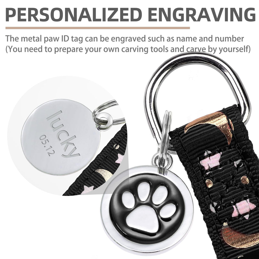 PUPTECK ID tag front shows paw pattern and personalization option.