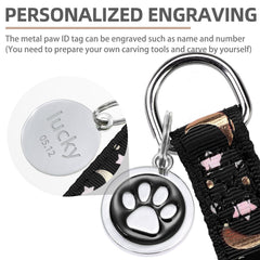 PUPTECK ID tag front shows paw pattern and personalization option.