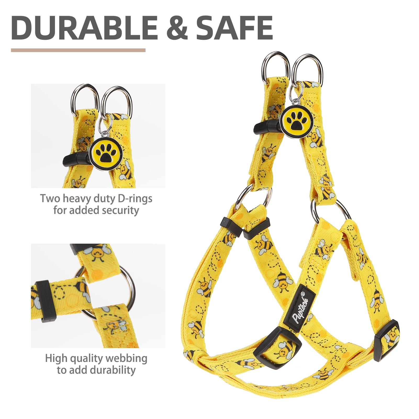 PUPTECK No Pull Harness back view highlights durable nylon and secure fit for long-lasting wear.