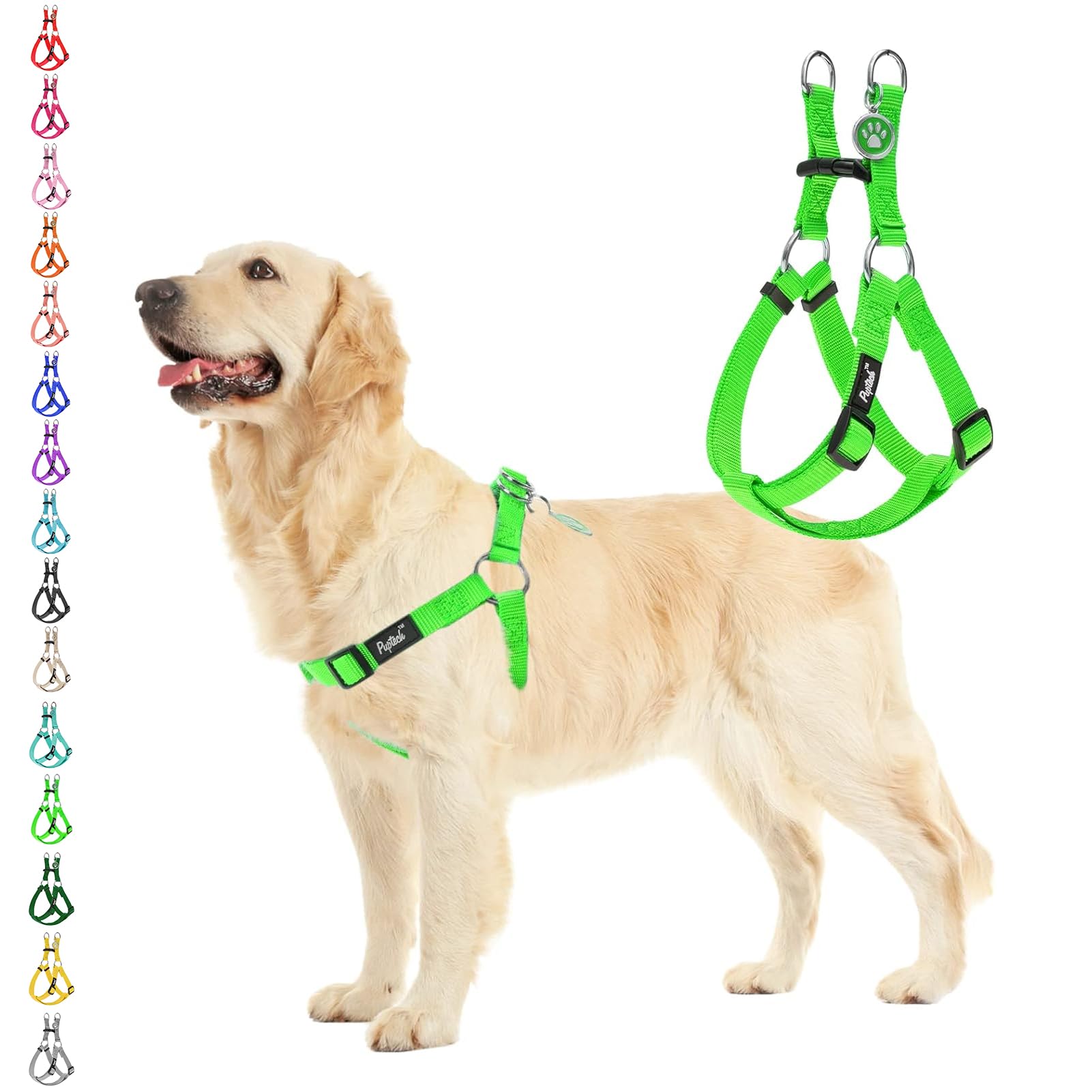 PUPTECK No Pull Harness in green, side view showing chest support.