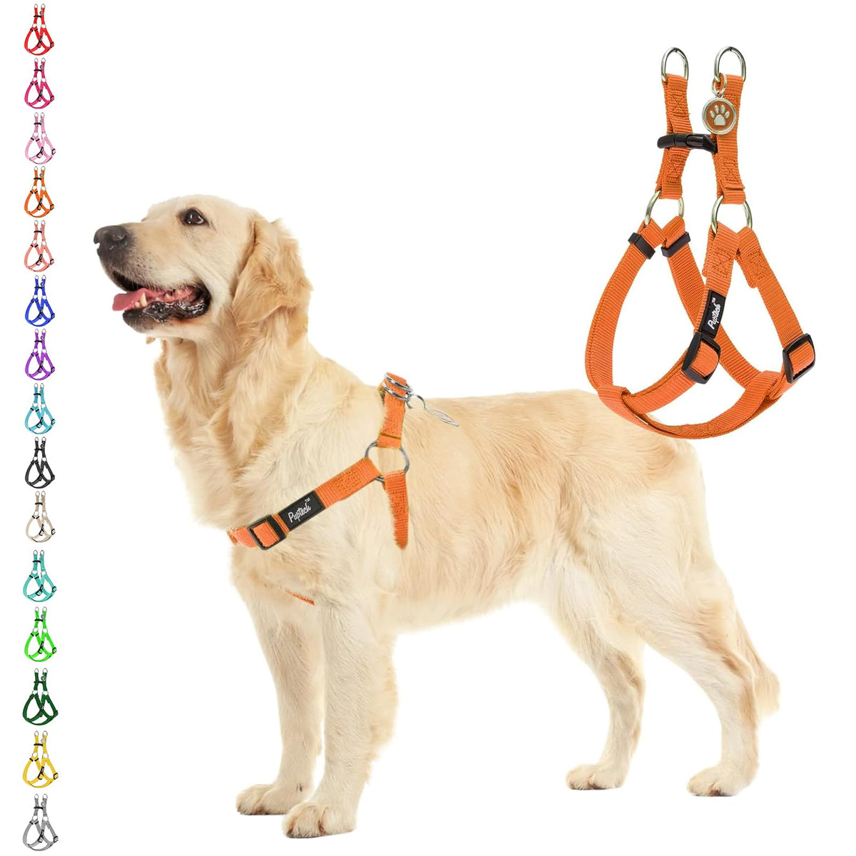 PUPTECK No Pull Harness orange, front view; chest-focused design for safer daily walks.